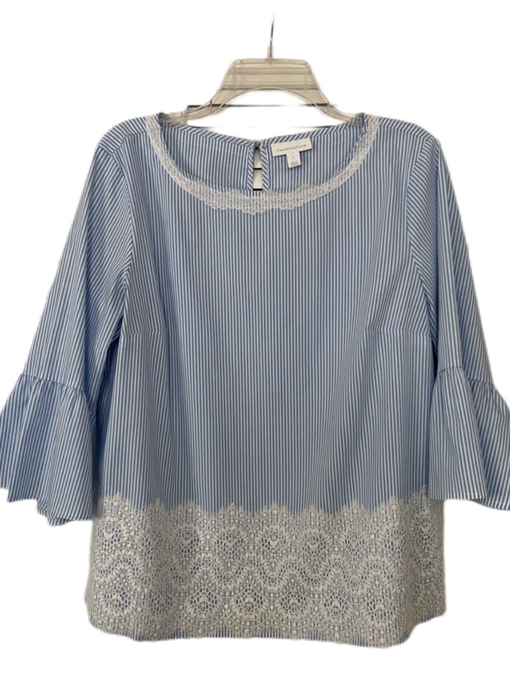 Charter Club Blue and White Striped Blouse with Lace Detail Size Large